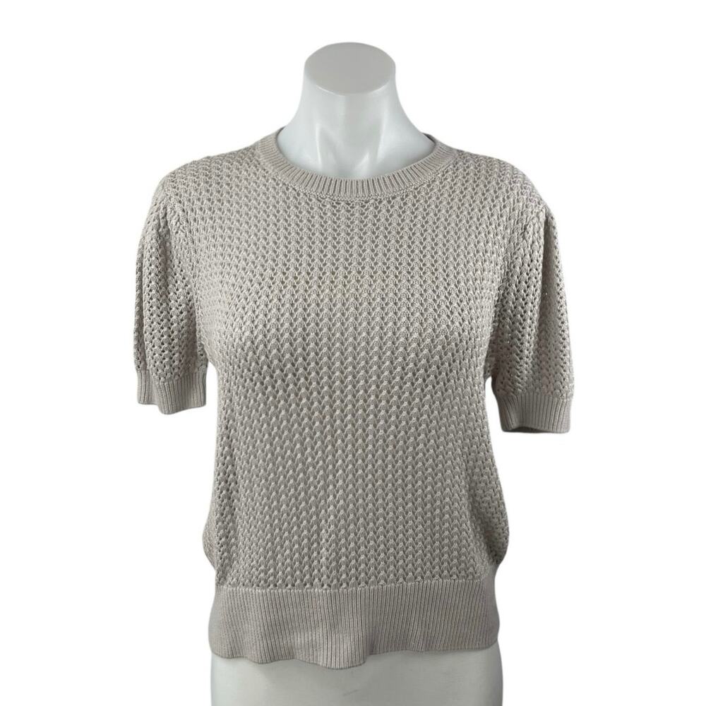 Muse Women's Gray Crochet Knit Crewneck Short Puff Sleeve Crop Sweater Top Sz M